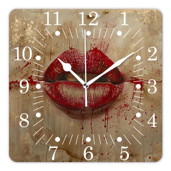 14 Inch Wall Clock Battery Operated Square Clock for Office, Kitchen, Outdoor, Living Room,Kiss Red Lipsticks Mark In The Shape Simple