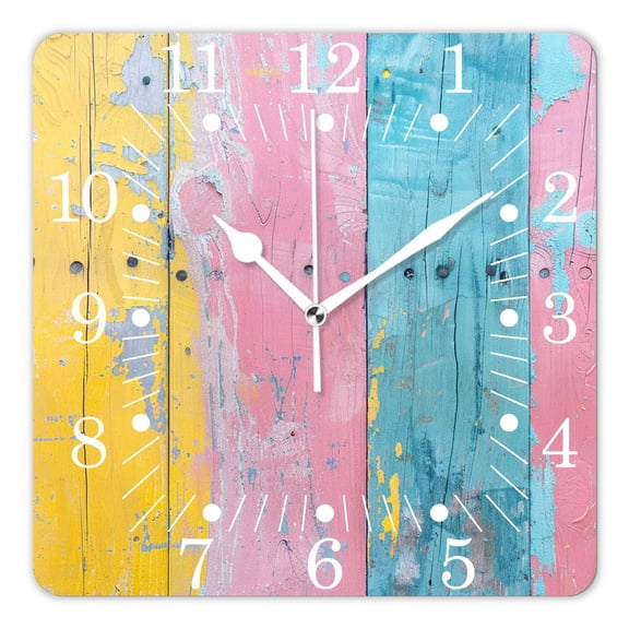 14 Inch Wall Clock Battery Operated Square Clock for Office, Kitchen, Outdoor, Living Room,Light Color Wooden Floor Multicolor