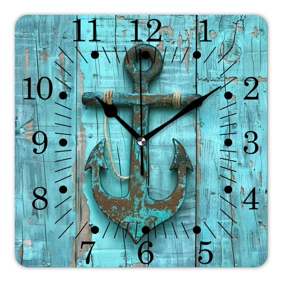 14 Inch Wall Clock Battery Operated Square Clock for Office, Kitchen, Outdoor, Living Room,Nautical Anchor Rustic Vintage Natural