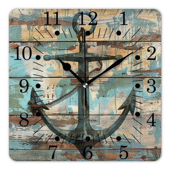 14 Inch Wall Clock Battery Operated Square Clock for Office, Kitchen, Outdoor, Living Room,Nautical Anchor Rustic Wooden Charming