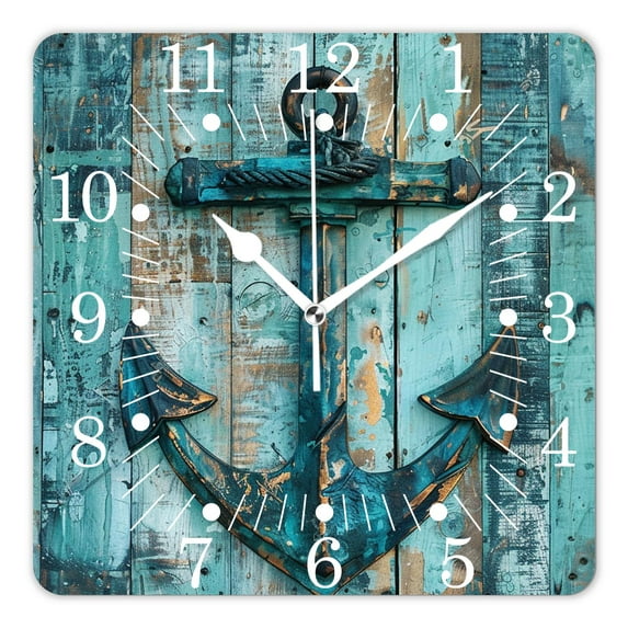 14 Inch Wall Clock Battery Operated Square Clock for Office, Kitchen, Outdoor, Living Room,Nautical Anchor Rustic Wooden Vintage Exquisite