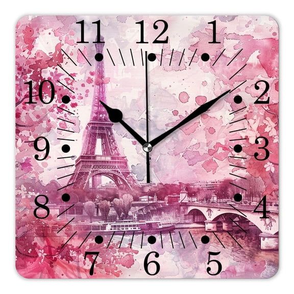 14 Inch Wall Clock Battery Operated Square Clock for Office, Kitchen, Outdoor, Living Room,Oil Painting Paris France City Eiffel Tower Natural