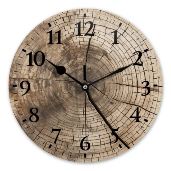 14 Inch Wall Clock Battery Operated Square Clock for Office, Kitchen, Outdoor, Living Room, Old Tree Trunk With Visible Wood Rings Symbolizing Age