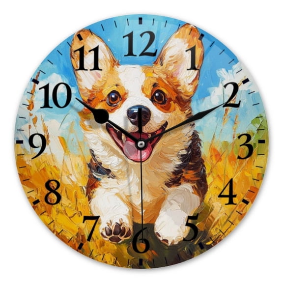 14 Inch Wall Clock Battery Operated Square Clock for Office, Kitchen, Outdoor, Living Room, Smiling Corgis On The Grass