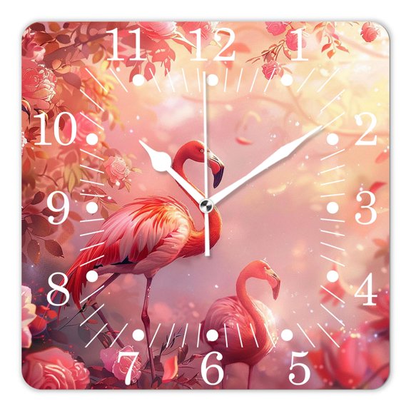 14 Inch Wall Clock Battery Operated Square Clock for Office, Kitchen, Outdoor, Living Room,Watercolor Flamingo with Flowers Elegant