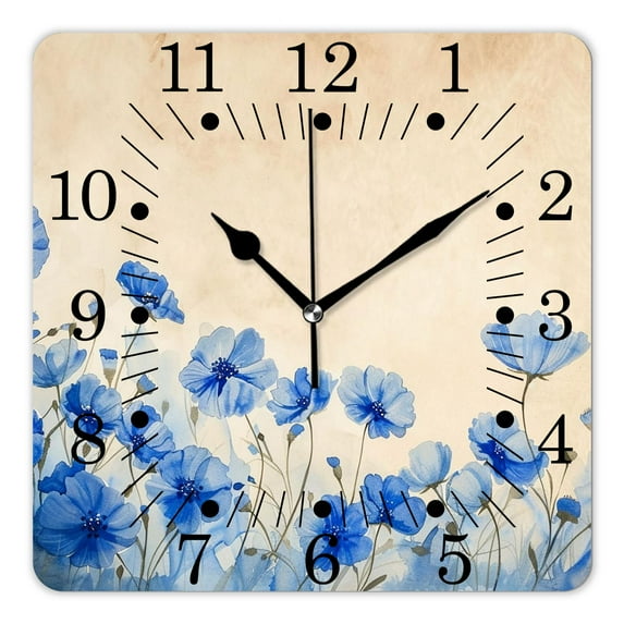 14 Inch Wall Clock Battery Operated Square Clock for Office, Kitchen, Outdoor, Living Room,Watercolor Floral Purple Flower Plant Graceful