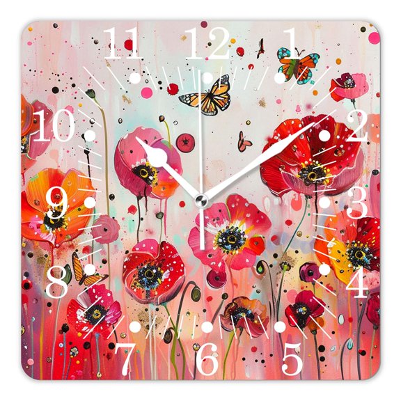 14 Inch Wall Clock Battery Operated Square Clock for Office, Kitchen, Outdoor, Living Room,Watercolor of Flower Plants Tropical Multicolor