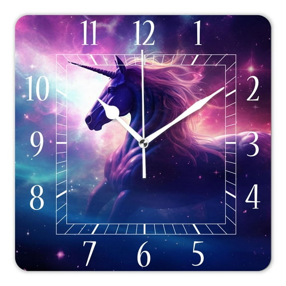 14 Inch Wall Clock Battery Operated Square Clock Decorative for Office, Kitchen, Outdoor, Living RoomA Unicorn Silhouette in A Galaxy Cloud Art Desgin