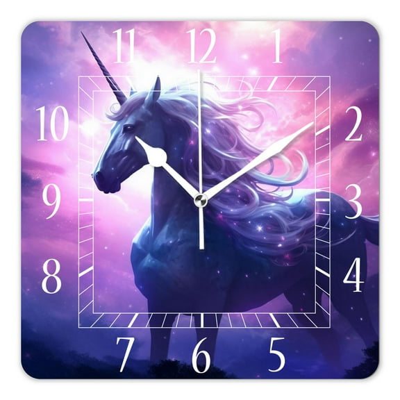14 Inch Wall Clock Battery Operated Square Clock Decorative for Office, Kitchen, Outdoor, Living RoomA Unicorn Silhouette in A Galaxy Cloud Lovely Pattern