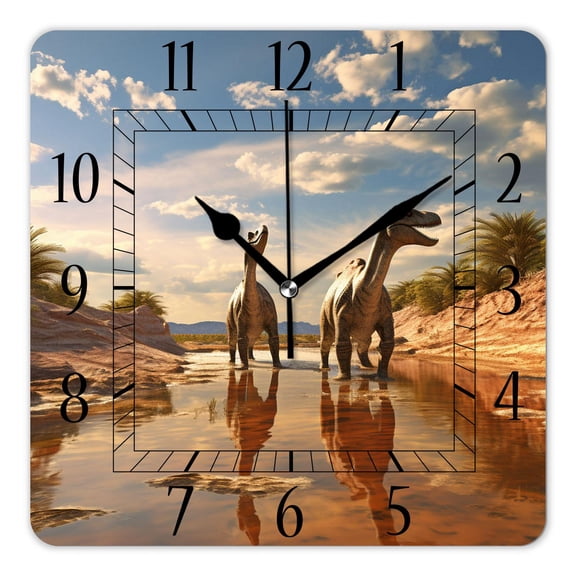 14 Inch Wall Clock Battery Operated Square Clock Decorative for Office, Kitchen, Outdoor, Living RoomAncient Animal Dinosaur Mountains Fantasy Landscape Beautiful
