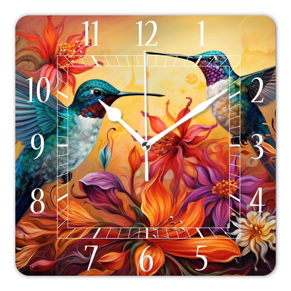 14 Inch Wall Clock Battery Operated Square Clock Decorative for Office, Kitchen, Outdoor, Living Room,Beautiful Hummingbird Flower Landscape Nature Beautiful