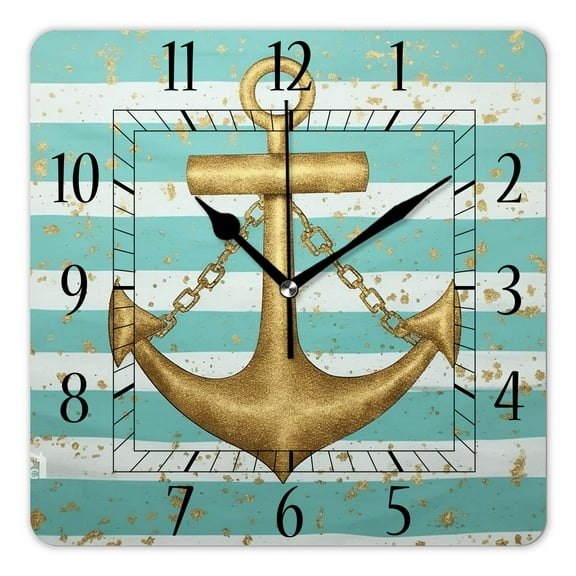 14 Inch Wall Clock Battery Operated Square Clock Decorative for Office, Kitchen, Outdoor, Living Room，Gold Anchor Dots Stripes Printed Graceful Pattern