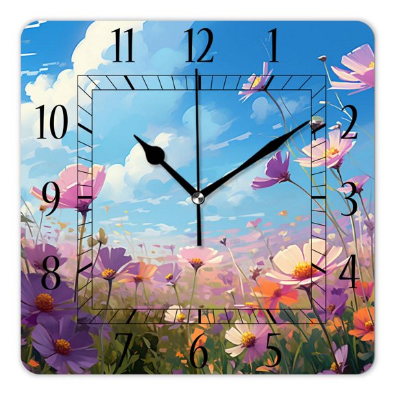 14 Inch Wall Clock Battery Operated Square Clock Decorative for Office, Kitchen, Outdoor, Living Room，Oil Painting Colorful Spring Rural Landscape Exquisite Art