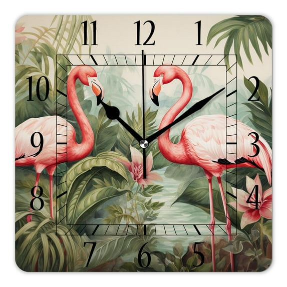 14 Inch Wall Clock Battery Operated Square Clock Decorative for Office, Kitchen, Outdoor, Living Room,Palm Leaf Tropical Plant Pink Flamingo Beautiful