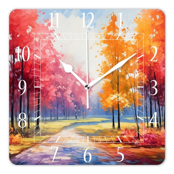 14 Inch Wall Clock Battery Operated Square Clock Decorative for Office, Kitchen, Outdoor, Living RoomVintage Oil Painting Maple Trees Autumn Fall Design