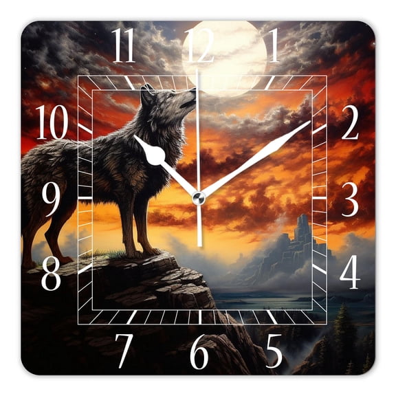 14 Inch Wall Clock Battery Operated Square Clock Decorative for Office, Kitchen, Outdoor, Living RoomWolf Silhouette Moon Night Landscape Nature Print