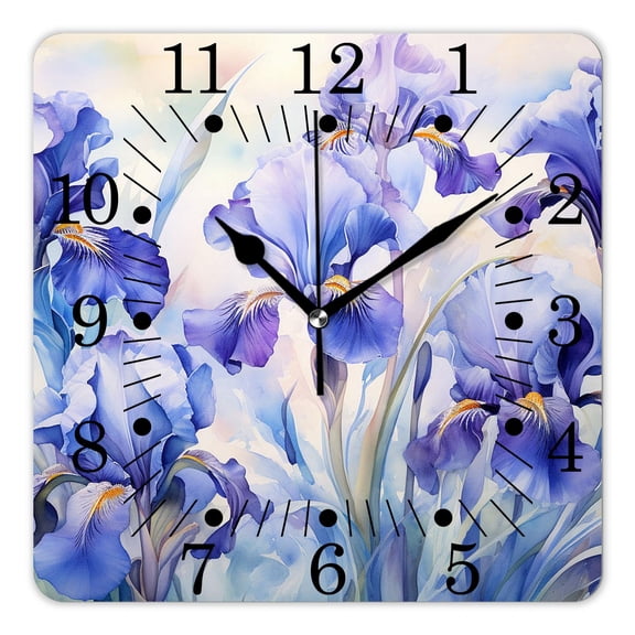 14 Inch Wall Clock Battery Operated Square Clock for Office, Kitchen, Outdoor, Living Room,Beautiful Purple Flower Iris Field Green Floral Print Design