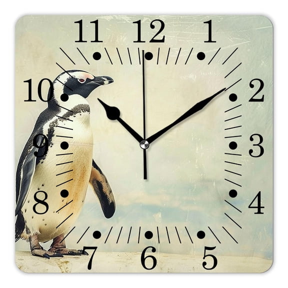 14 Inch Wall Clock Battery Operated Square Clock for Office, Kitchen, Outdoor, Living Room,Emperor Penguin with Chick on White Snow In South Pole Cute