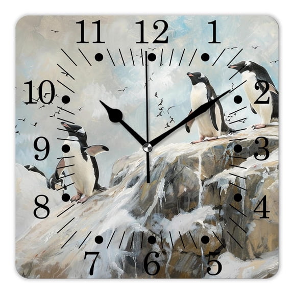 14 Inch Wall Clock Battery Operated Square Clock for Office, Kitchen, Outdoor, Living Room,Emperor Penguin with Chick on White Snow In South Pole Multicolor