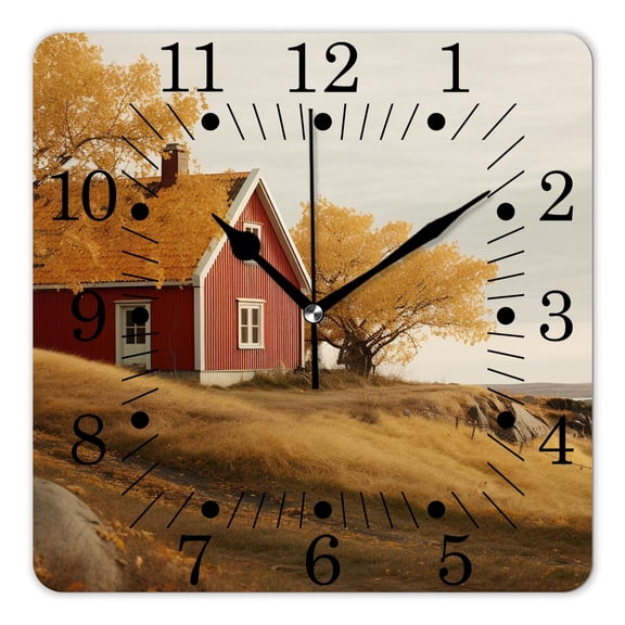14 Inch Wall Clock Battery Operated Square Clock for Office, Kitchen, Outdoor, Living Room,Fall Traditional Red Swedish House Environment Countryside Woods Style