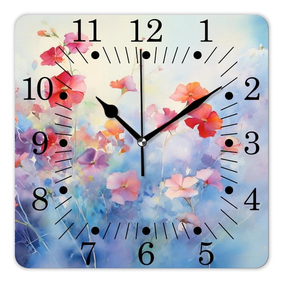 14 Inch Wall Clock Battery Operated Square Clock for Office, Kitchen, Outdoor, Living Room,Flower Paint of Nature Elements Botanic Floral Motives Isan Picture