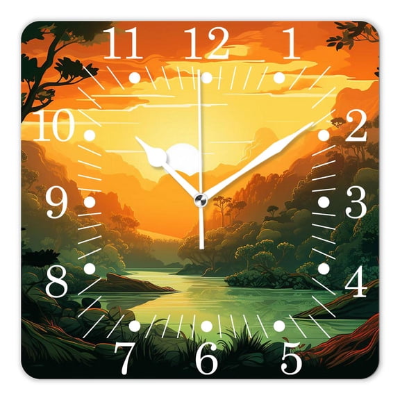 14 Inch Wall Clock Battery Operated Square Clock for Office, Kitchen, Outdoor, Living Room,Forest Coon Sunset Over Hills Tree Spring Season Inspirations Creative
