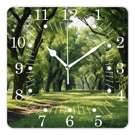 14 Inch Wall Clock Battery Operated Square Clock for Office, Kitchen, Outdoor, Living Room,Green Summer Park In Hamburg Germany Trees Sunlight Forest Nature Multicolor