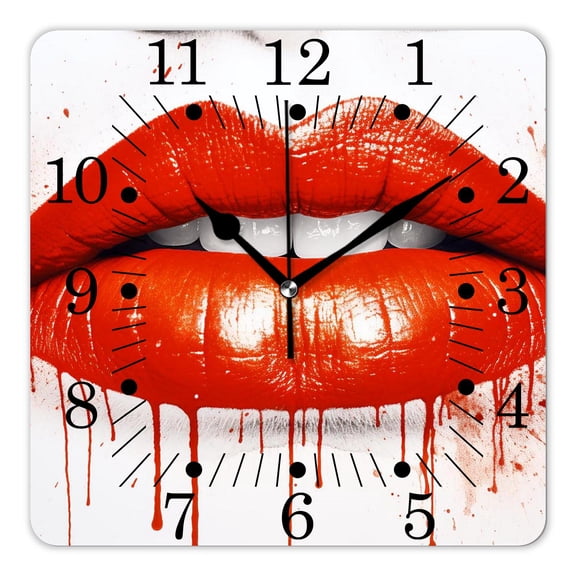 14 Inch Wall Clock Battery Operated Square Clock for Office, Kitchen, Outdoor, Living Room,Kiss Red Lipstick Mark In The Shape of A He Expression Drawing