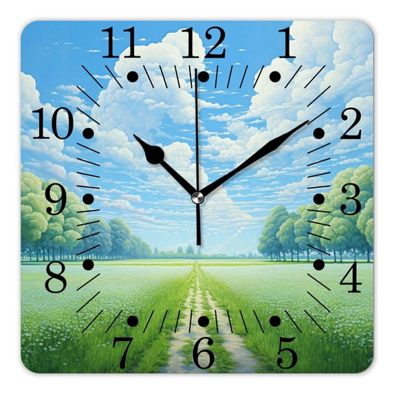 14 Inch Wall Clock Battery Operated Square Clock for Office, Kitchen, Outdoor, Living Room,Landscape Nature Outdoor Scene with Grassy Hill Summer Image