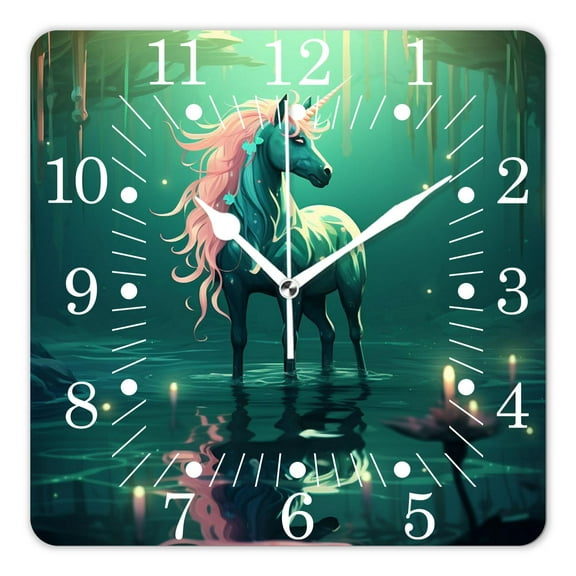 14 Inch Wall Clock Battery Operated Square Clock for Office, Kitchen, Outdoor, Living Room,Little Marmaid Unicorn Floral Underwater Ocean Bubble on Blue Elegant