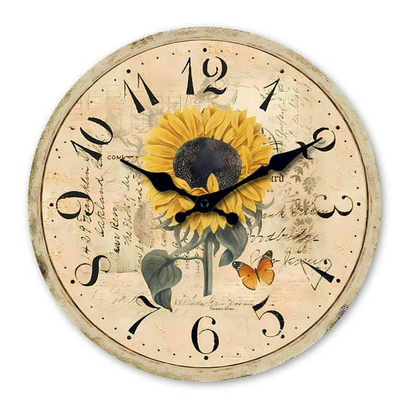 14 Inch Wall Clock for Kitchen Room - Farmhouse Wall Clock Silent Non-Ticking - Rustic Wall Clock for Women - Wood Sunflower Wall Clock Battery Operated