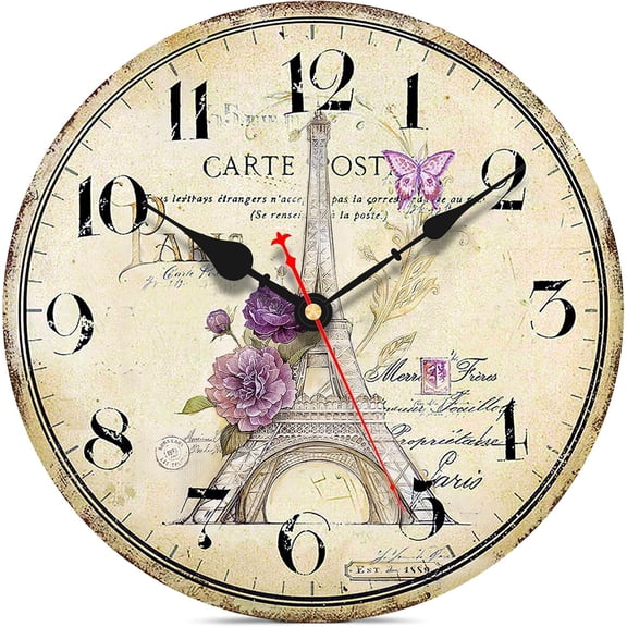 14 Inch Wall Clock, Vintage/Country/French Style Wooden Clock, Family Decoration Eiffel Tower Retro Wood Clock, Silent Non-Ticking Round Painted Paris Tower Floral Retro Style Hanging Clocks