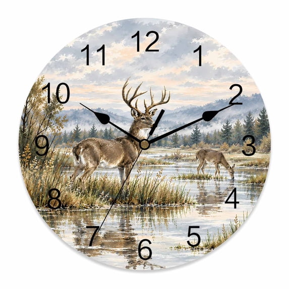 14 Inch Watercolor Deer Wall Clock, Rustic Wildlife River Green Grass ...