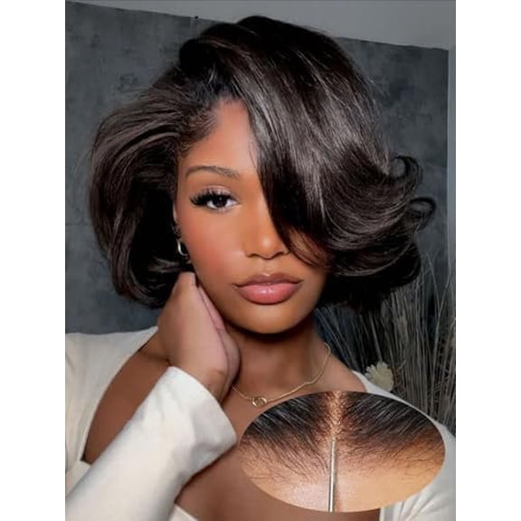 14 Inch Wave Glueless Bob Wigs Human Hair Pre Plucked, Wear and Go Blow Out 7x5 Pre Cut Lace Bob wig,Pre Bleached Knots Hairline for Black Women 200% Density
