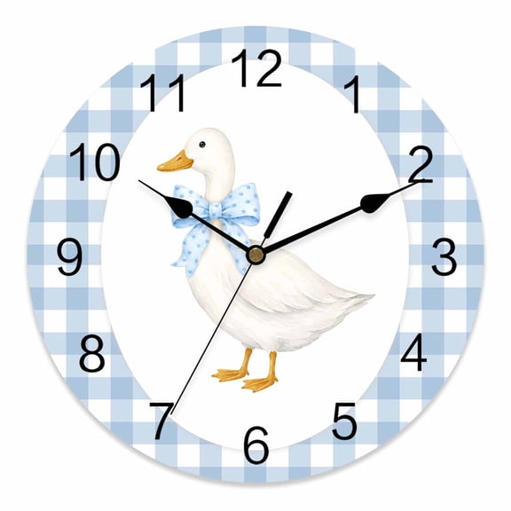 14 Inch White Duck Wall Clock, Rustic Vintage Country Polka Dot Bow Blue Gingham Battery Operated Silent Non Ticking Clocks, Easy to Read Round Wall Clock for Kitchen/Living Room/Bedroom/Bathroom