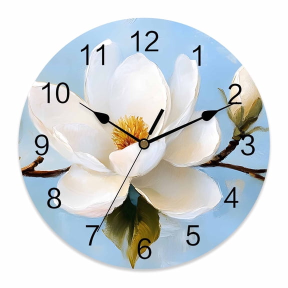 14 Inch White Floral Wall Clock, Magnolia Leaf Plant Blue Background Battery Operated Silent Non Ticking Clocks, Easy to Read Round Wall Clock for Kitchen/Living Room/Bedroom/Bathroom
