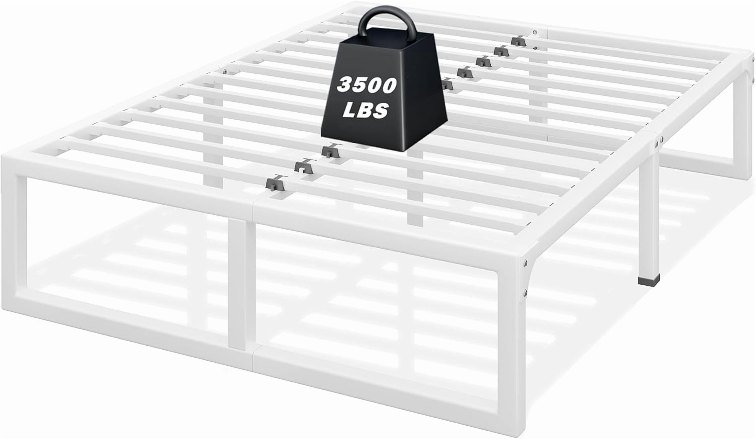 14-Inch White Queen Size Metal Platform Bed Frame with Squeak-Free U-Slot Design, 3500 lbs Capacity, Under Bed Storage