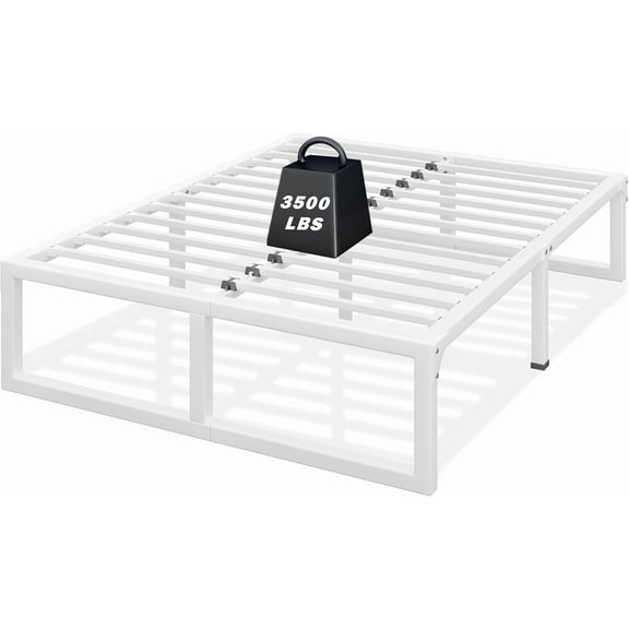 14-Inch White Queen Size Metal Platform Bed Frame with Squeak-Free U-Slot Design, 3500 lbs Capacity, Under Bed Storage