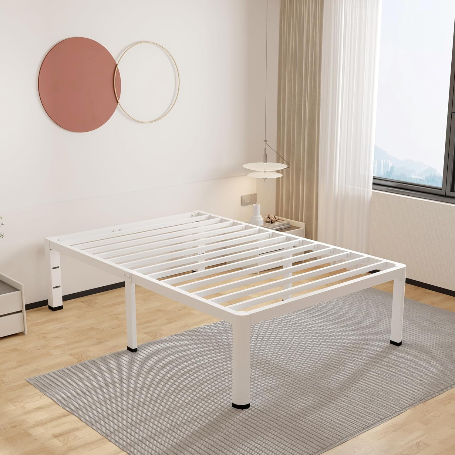 14 Inch White Twin Size Bed Frame with Rounded Corner and Headboard ...