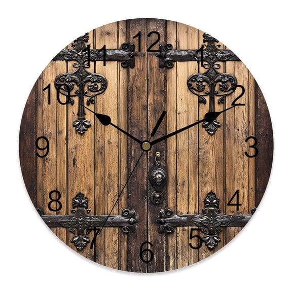 14 Inch Wooden Door Wall Clock, Barn Door Dilapidated Wood Grain Battery Operated Silent Non Ticking Clocks, Easy to Read Round Wall Clock for Kitchen/Living Room/Bedroom/Bathroom