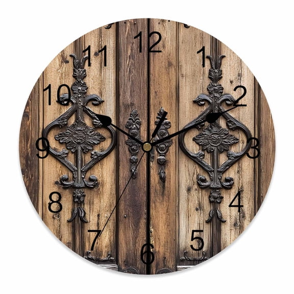 14 Inch Wooden Door Wall Clock, Barn Door Retro Farmhouse Battery Operated Silent Non Ticking Clocks, Easy to Read Round Wall Clock for Kitchen/Living Room/Bedroom/Bathroom