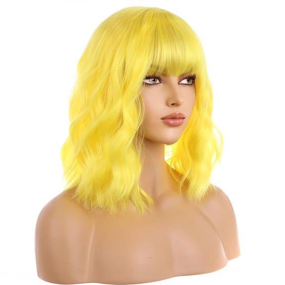 14 Inch Yellow Short Curly Wig With Bangs For Women