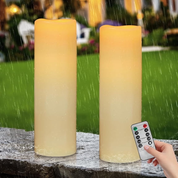 14 Inch x 4 Inch Battery Operated LED Flameless Pillar Candles with Remote and Timer Waterproof Flickering Outdoor Candles Ivory 2 Pack Bestseling