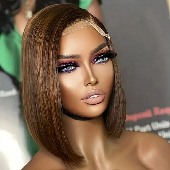 14 Inches Dark Brown - Wig Human- Hair Front Lace Wig Straight Synthetic Wig for Woman Wig