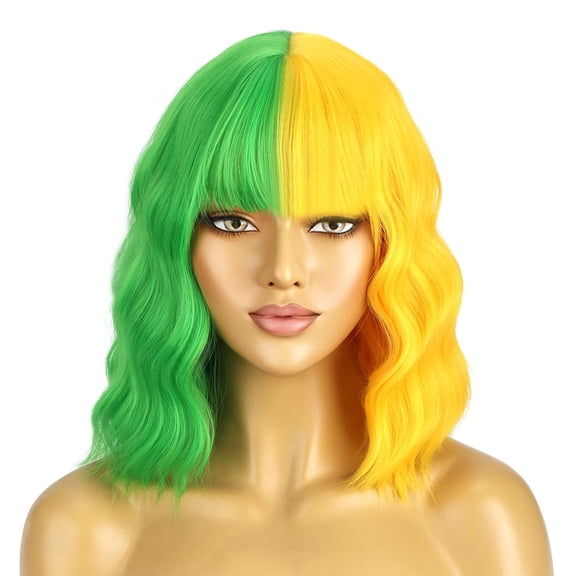 14 Inches Green Yellow Short Curly Split Bang Wig For Women