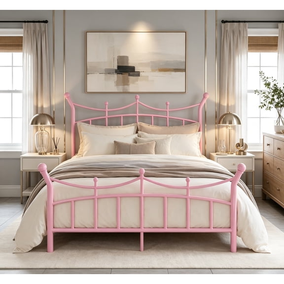 14 Inches Queen Size Metal Platform Bed Frame with Crown Style Victorian Headboard & Footboard, Ample Under Bed Storage, Noise Free, Easy Assembly, No Box Spring Needed, Pink