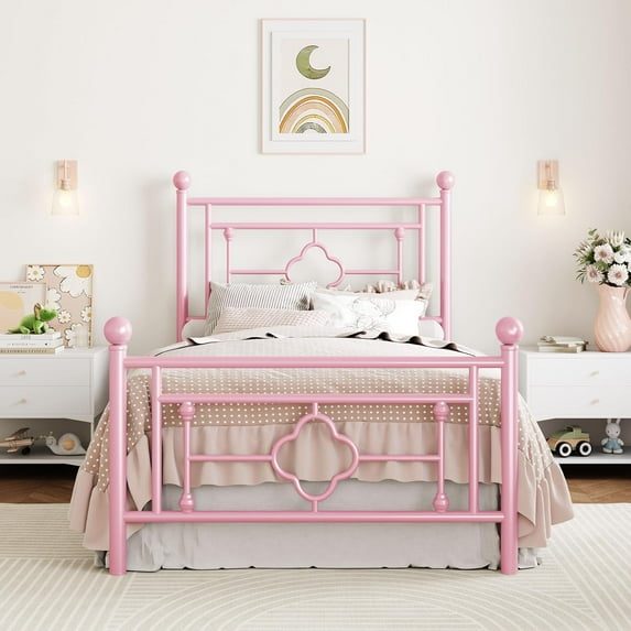 14 Inches Twin Size Metal Platform Bed Frame/Vintage Iron-Art Headboard and Footboard/Mattress Foundation for Storage/No Box Spring Needed/Noise-Free/Easy Assembly/White