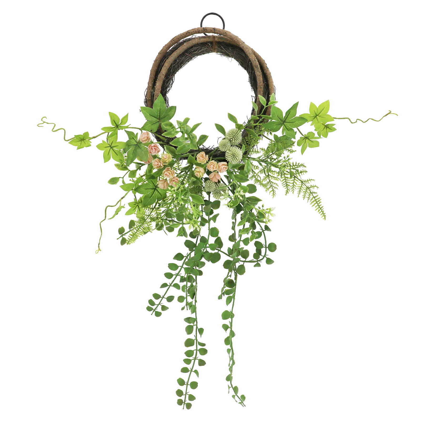 14" Green and Pink Artificial Ivy & Wildflower Spring Wreath