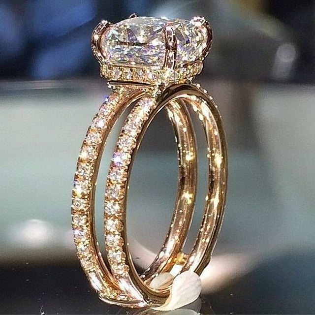 14 K Gold Double-Layer Square Diamond Princess Ring
