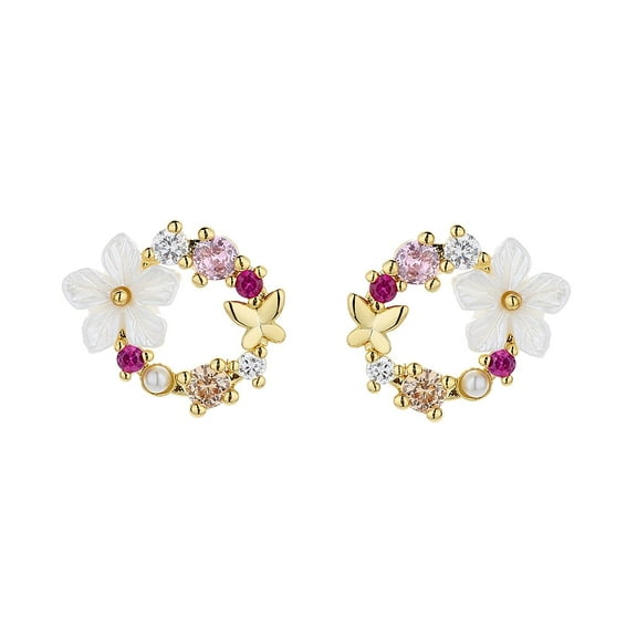 14K Gold Over Sterling Silver Opal and Resin Open Flower earring with crystals